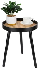 Rattan round Side Table, Black Small Accent Table, Modern Boho Bedside Mid-Centu