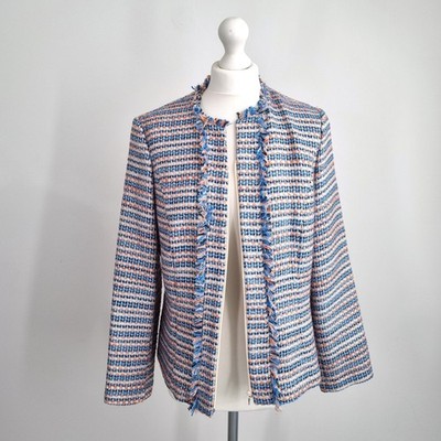 Frank Walder Boucle Jacket UK 14 Tweed Sequins Blazer Blue Orange Work Zip Chic