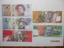 Abbildungen der australischen Banknoten 5, 10, 20, 50, 100 Dollar - nicht echt