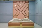 Zeena  Wall Tall Headboard Bed Frame-Velvet Upholstery With Gold Mirror