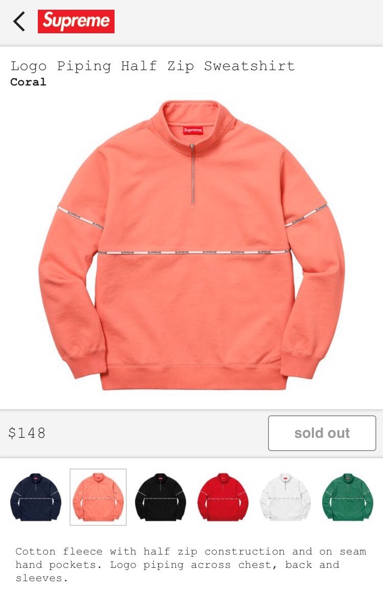 SUPREME LOGO PIPING HALF ZIP SWEATSHIRT (CORAL) (XL) SS18 SUPREME LOGO PIPING HALF ZIP SWEATSHIRT (CORAL) (XL) SS18