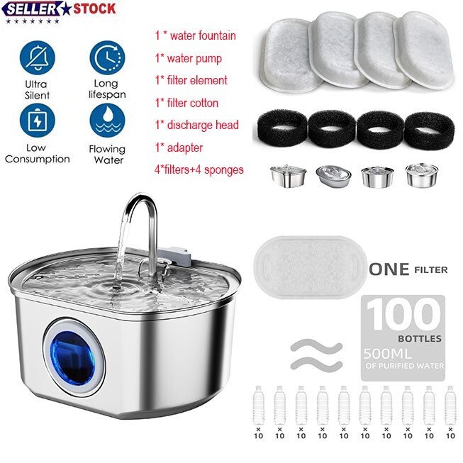 Stainless Steel Cat Water Fountain 3.2L Automatic Dispenser for Pets Filters