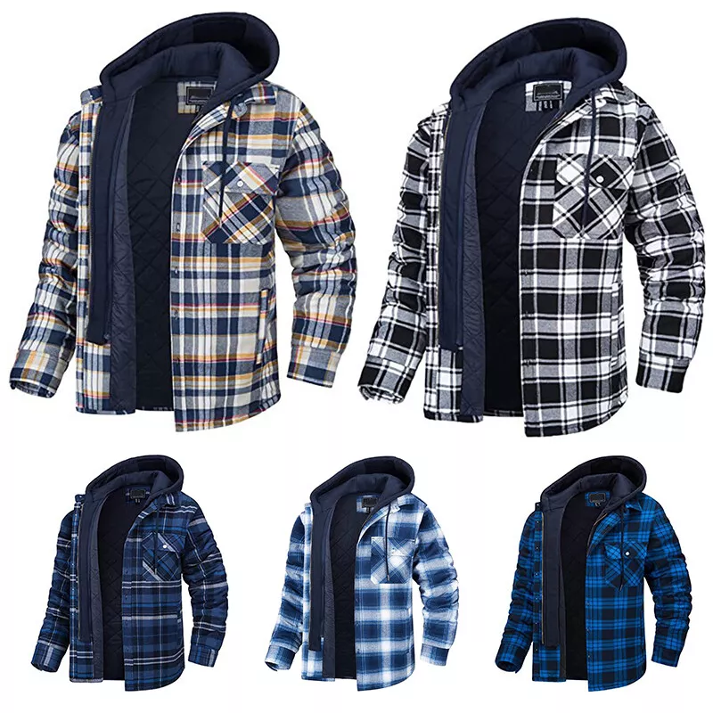 Men s Flannel Shirt Jacket Fleece Lined Plaid Coat Full Zip Hoodie Wint Leisure