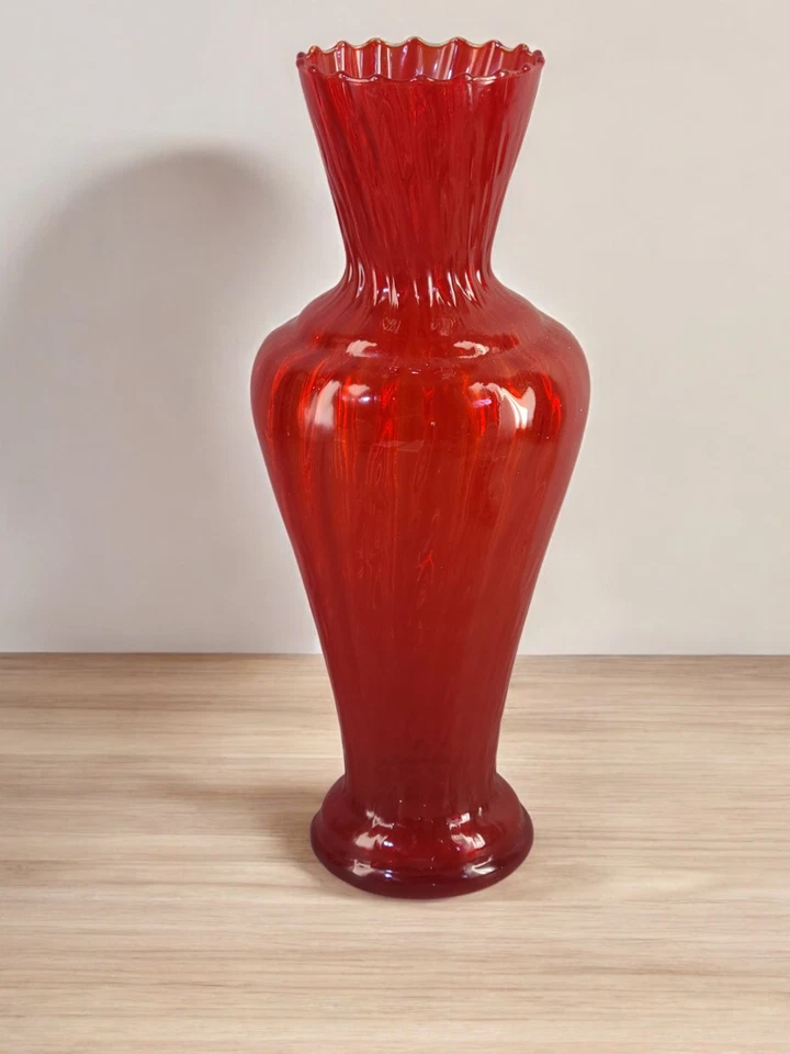 Vintage Mid-Century Modern Italian Red Opaline Ruffled Top Art Glass Vase 16'' - Image 2 of 4