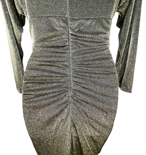 Alexa B Evening Metallic Black Gold Shimmering Dress Ruched Deep V Neck Sz 6 NEW - Picture 13 of 18