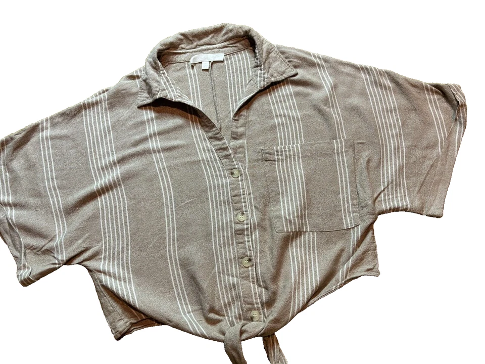 Adyson Parker полоски галстук спереди кнопка вверх укороченный верхний льняной большого размера кимоно рукав M - Изображение 2 из 4