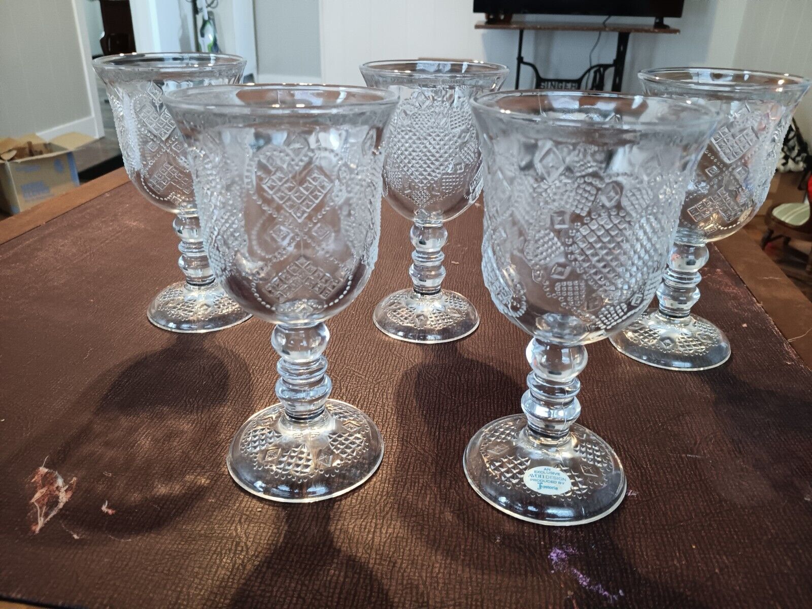FOSTORIA by Avon 1978 Glass Goblet "Heart & Diamond LOVING CUP" Set Of 5