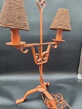 Primitive Style Wrought Iron Double Shade Table Lamp Orange Beaded 23x17"