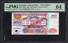 Suriname 100 Gulden 9-7-1991 P139as  Specimen N.003  Uncirculated Graded 64