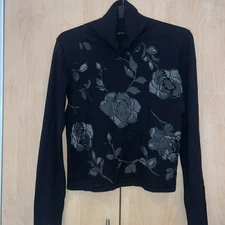 OGGI Knits black Floral Print Stretch Top turtleneck jumper Sz 10 ,S 
