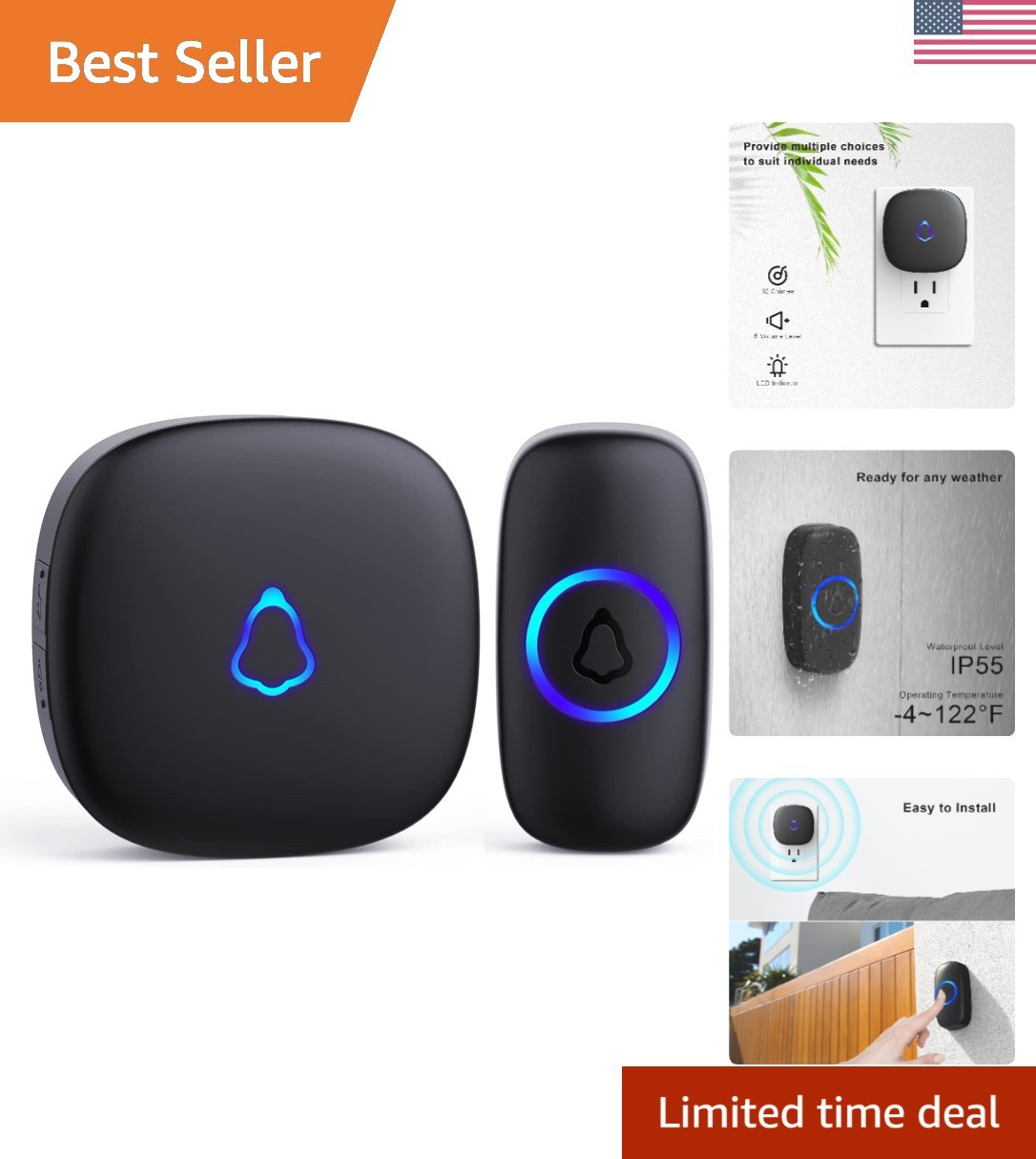 Waterproof Wireless Doorbell with 58 Chimes and Adjustable Volume for Homes