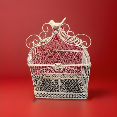 Metal Bird Cage Holder Cream With Bird And Scrolling 