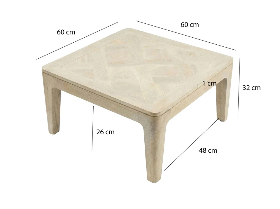 Table basse 60cm Bois massif blanc délavé Table de salon Table d'appoint Carrée - Photo 3/4