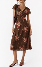 David Warren Silk Floral Midi Dress Brown Y2K 90s Empire Waist Cap Sleeve 8 EUC