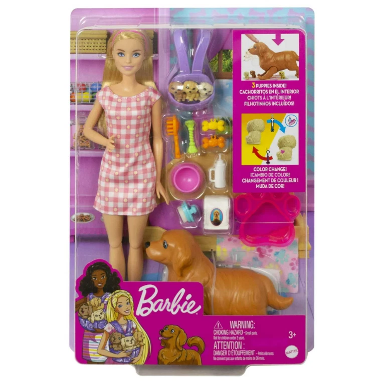 Barbie Doll Newborn Pups Playset w/Brunette Doll, Pregnant Mommy Dog + 3 Puppies - Image 3 of 3