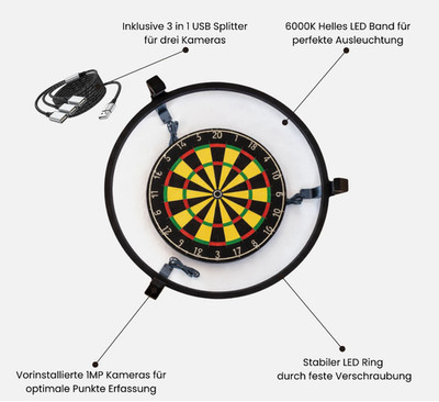 Autodarts Komplettset Inkl. Kameras (OV9732), LED Ring und USB Splitter