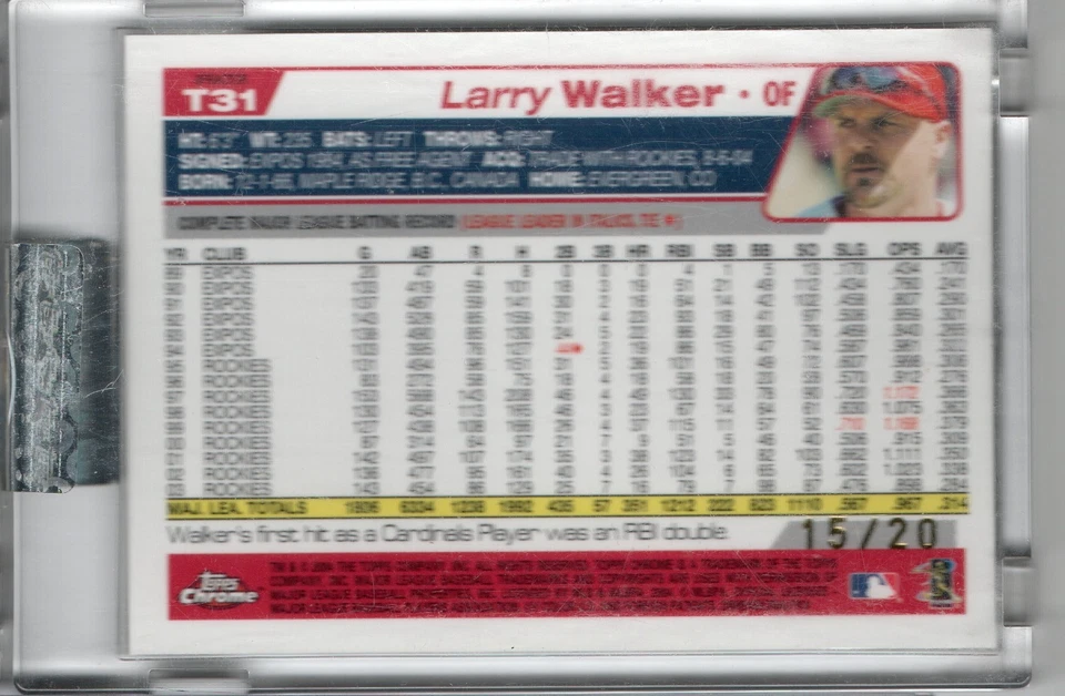 2004 Topps Chrome Traded X-Fractor Larry Walker /20 St. Louis Cardinals - Image 2 of 2