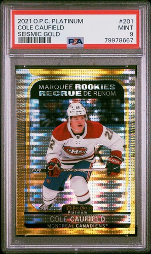2021-22 O-Pee-Chee Platinum Marquee Rookie Seismic Gold COLE CAUFIELD RC /50 PSA