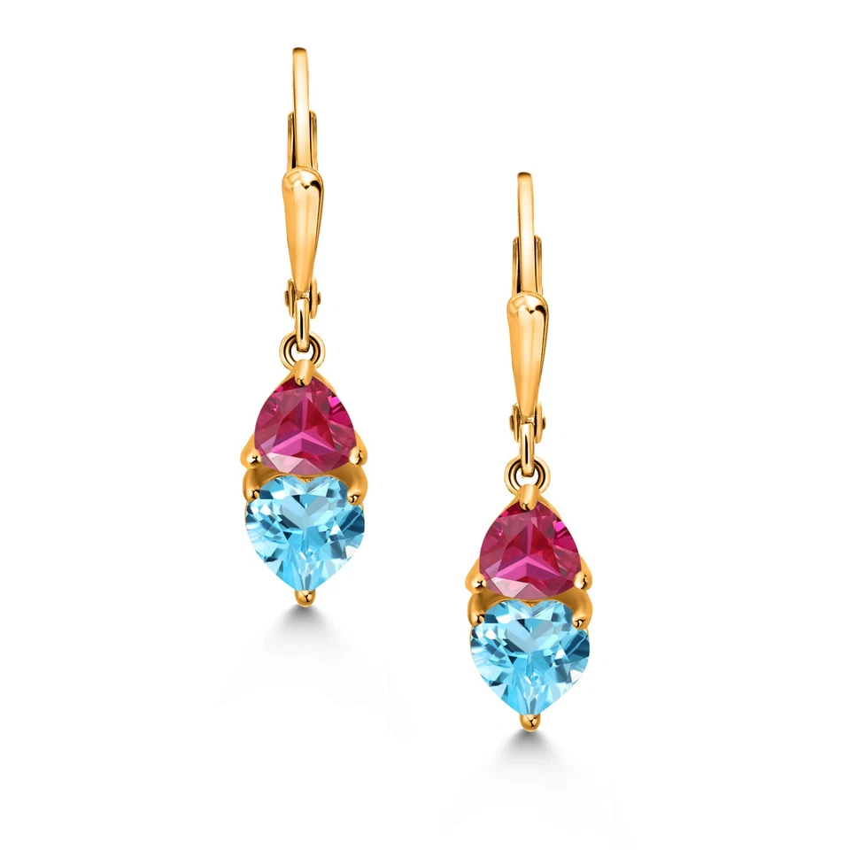 2.76 Ct Swiss Blue Topaz Red Created Ruby 18K Rose Gold Plated Silver Earrings - Image 2 of 4