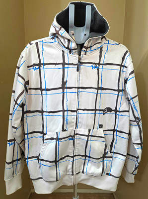 Volcom Men's Full Zip Hooded Fleece Hoodie Plaid Logo Pockets Wht/Blk/Blue M