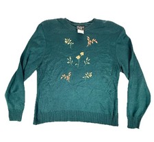 Vintage Southern Lady Green Floral Embroidered Sweater Made in USA Large