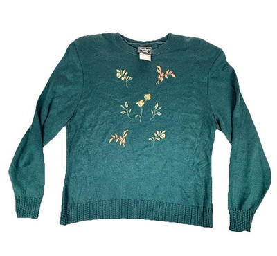 Vintage Southern Lady Green Floral Embroidered Sweater Made in USA Large