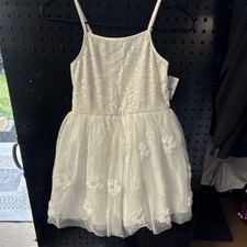 Girls White Sequin Floral Tulle Tutu Dress Sleeveless Knee Length S 6/7 