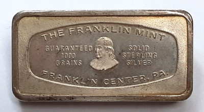 1970 Franklin Mint 1000 grains .925 Silver Ingot Franklin Nat'l