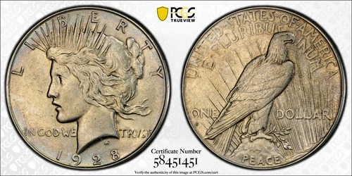 Key PCGS Certified, AU-58 1928-S PEACE DOLLAR.  Nice Mint Luster.