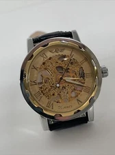 Luxury Mens Stainless Steel Gold Tone Skeleton Automatic Mechanical Wrist Watch