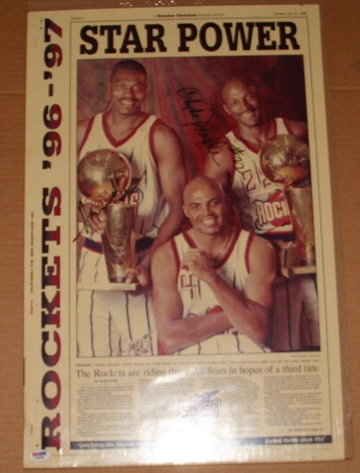 Hakeem Olajuwon/Clyde Drexler Signed Newspaper Auto PSA/DNA Houston Rockets - Image 2 of 2