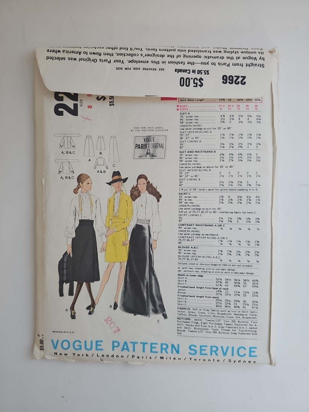 Tuta e camicetta Vogue Paris originale 2266 YSL non tagliata F F taglia 8 Yves Saint Laurent