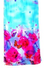 SCARF Long Chiffon Medium Blue Background Pink Purple ROSES BUTTERFLIES