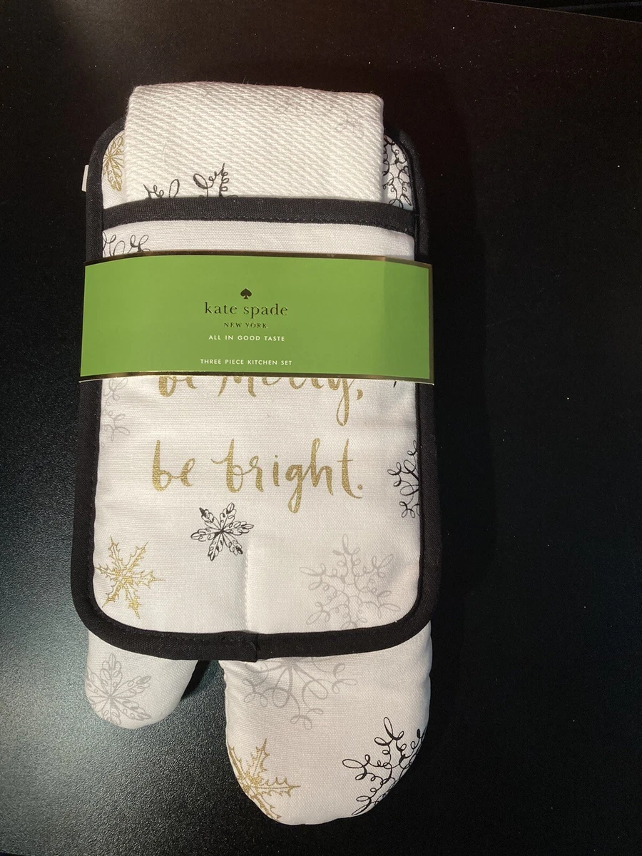 Kate Spade 3 Pc Kitchen Set Oven Mitt Dish Towel Pot Holder Snowflake Pattern