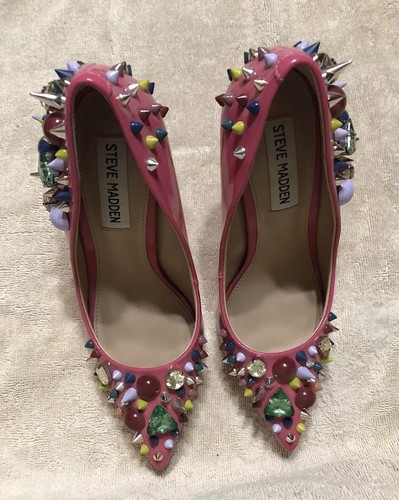 Steve Madden Veronicka Pink MultiColored Studded Heels Size 6M Mardi Gras - Picture 7 of 11
