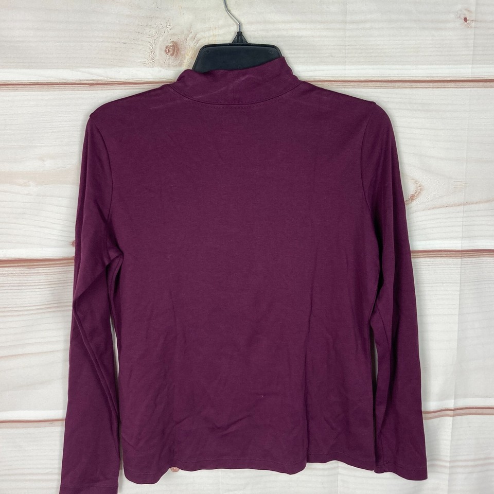 LL Bean Top Womens M Purple Mock Neck TShirt Pima Cotton Long Sleeve