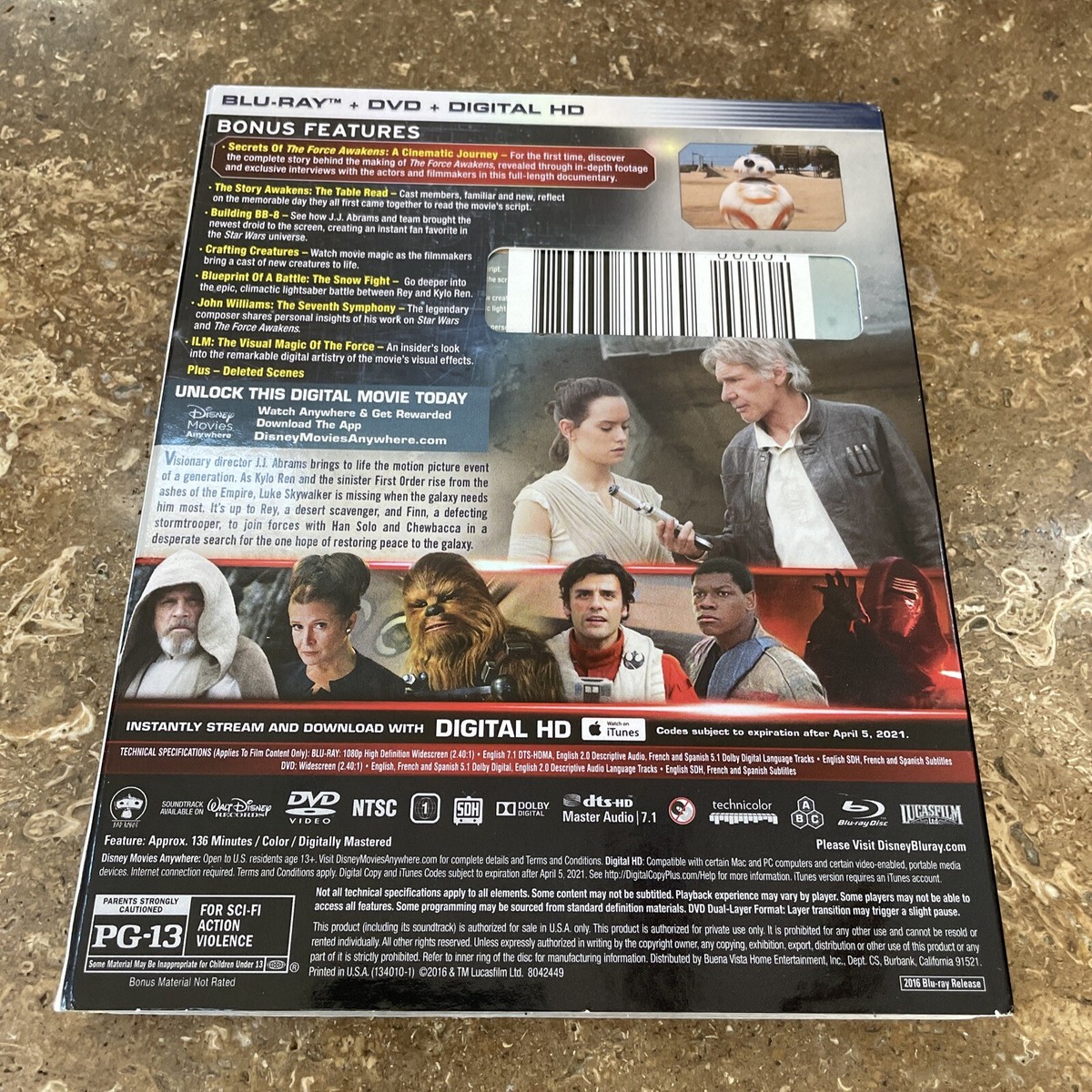 Star Wars: The Force Awakens Blu-Ray + DVD + Digital HD Sealed 