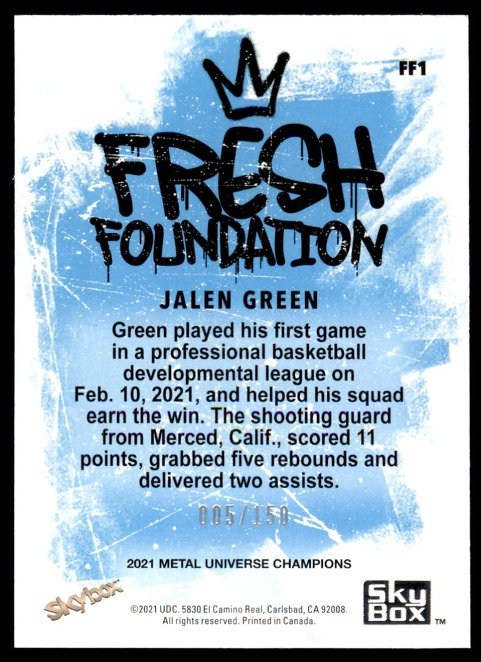 2021 Metal Champions Fresh Foundation Red PMG #FF1 Jalen Green RC 005/150 - Image 2 of 2