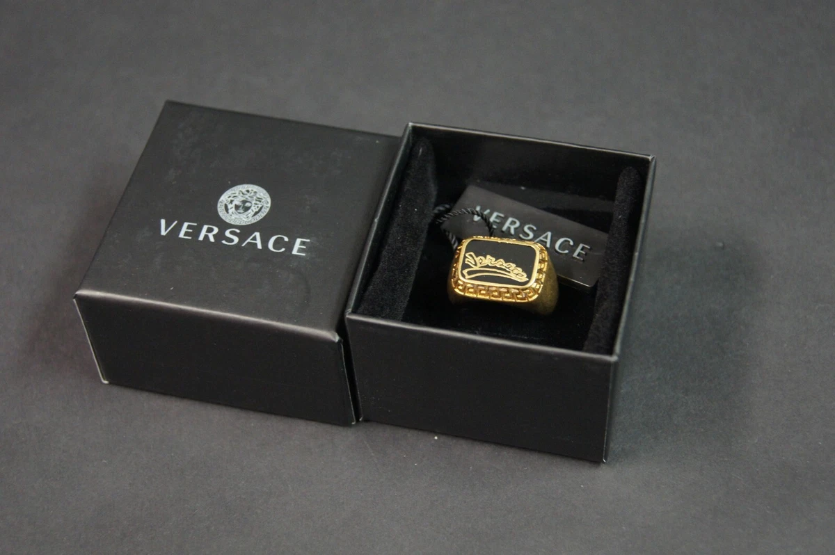 VERSACE Men s Gold Black Varsity Signet Ring NEW NIB 325