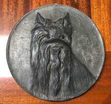 8" Vintage Dog Wall Plaque Hanging Clay Terracotta Yorkshire Terrier 3D Relief