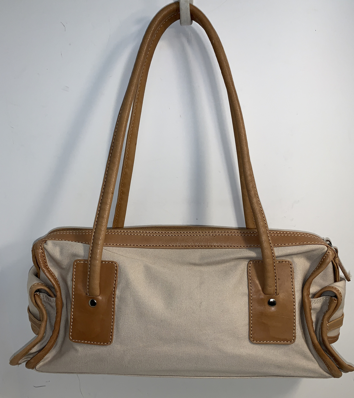 J Crew Satchel Bag Beige Fabric & Brown Leather Trim Double Strap