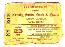Crosby, Stills, Nash & Young Concert Ticket Stub-8/23/74 Tampa Stadium, FL