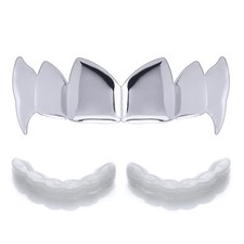 Plain Top Teeth Silver Plated Vampire Fangs Grillz 1 Extra Mold Hip Hop L055 S