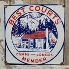 VINTAGE HOTEL PORCELAIN SIGN OLD 1930s BEST COURTS CAMP LODGE CABIN MOTOR MEMBE