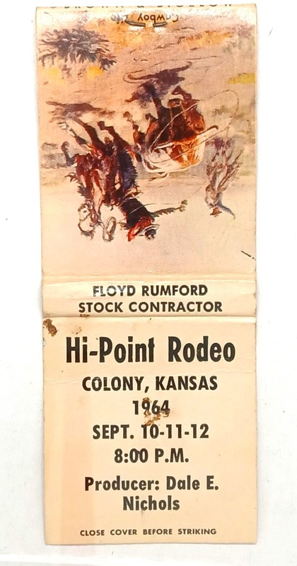 Vintage matchbook advertising Hi-Point Rodeo in Colony, Kansas Sept 10-12, 1964 