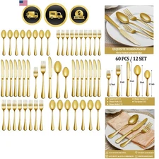 Stainless Steel Flatware Set Silverware Service for 12 Gold Silverware 60pcs