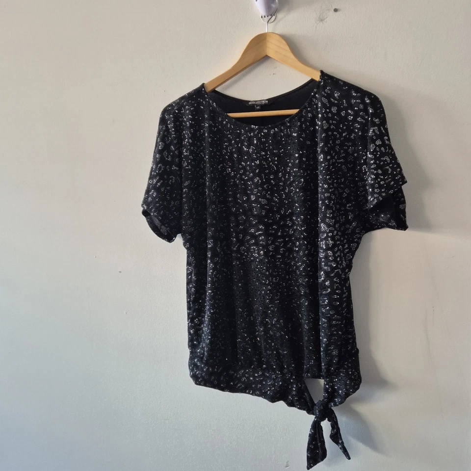 Ladies Top Size 12 Debenhams Black Silver Glitter Stretch Party Evening  - Image 2 of 4