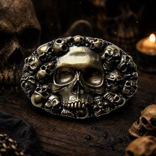 Skull Belt Buckle Brass Tone Gothic Biker Oval Multiple Skulls Design