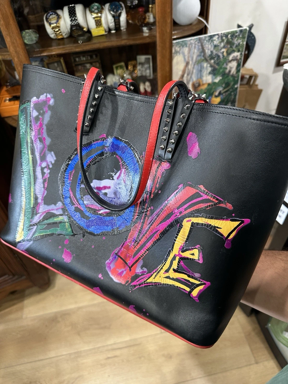 Christian Louboutin — CHRISTIAN LOUBOUTIN Kabata LOVE Graffiti Tote Bag Women Leather Black Bag