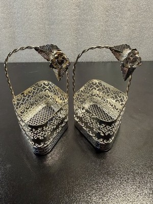 Vintage Silverplated Filigree Mini Basket Rose Handle Miniature Jewelry Dish 2pc